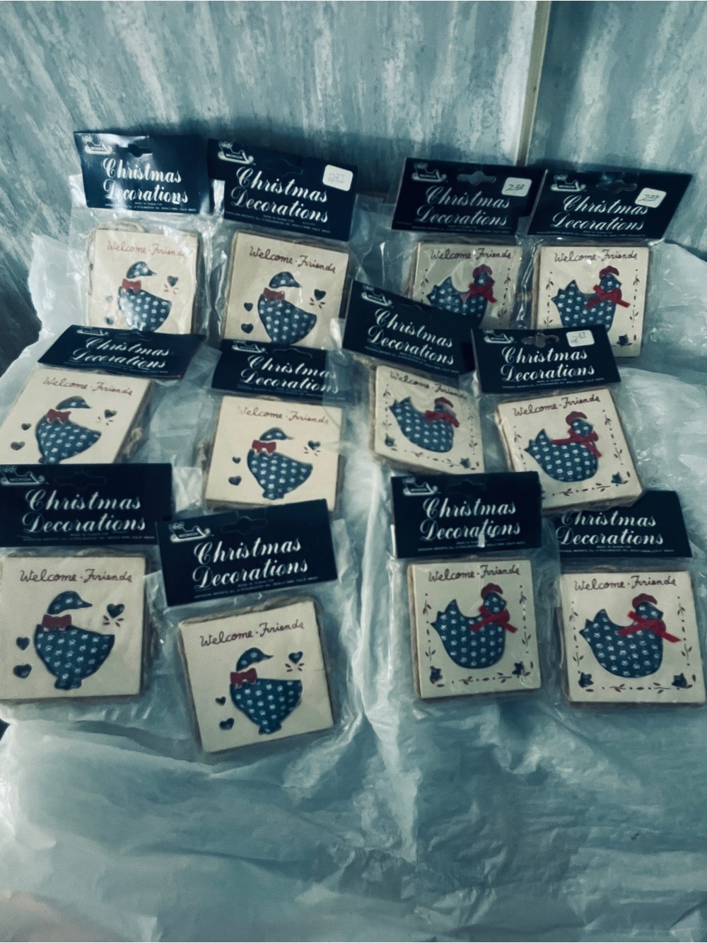 12 New Country Style Vintage Square Chicken & Duck/ Goose Blue & White ornament